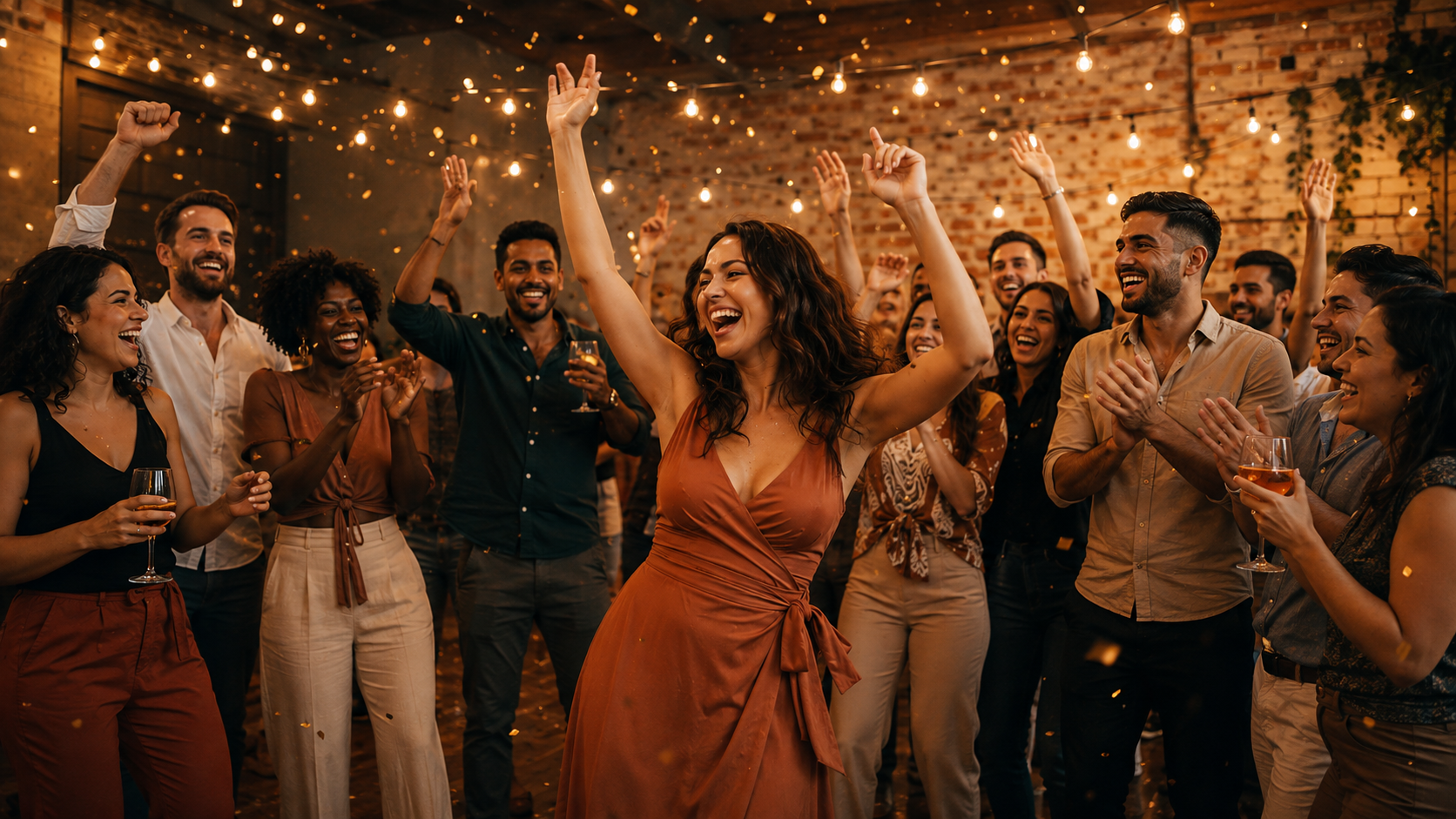 Grupo de amigos celebrando e dançando com confetes e luzes douradas