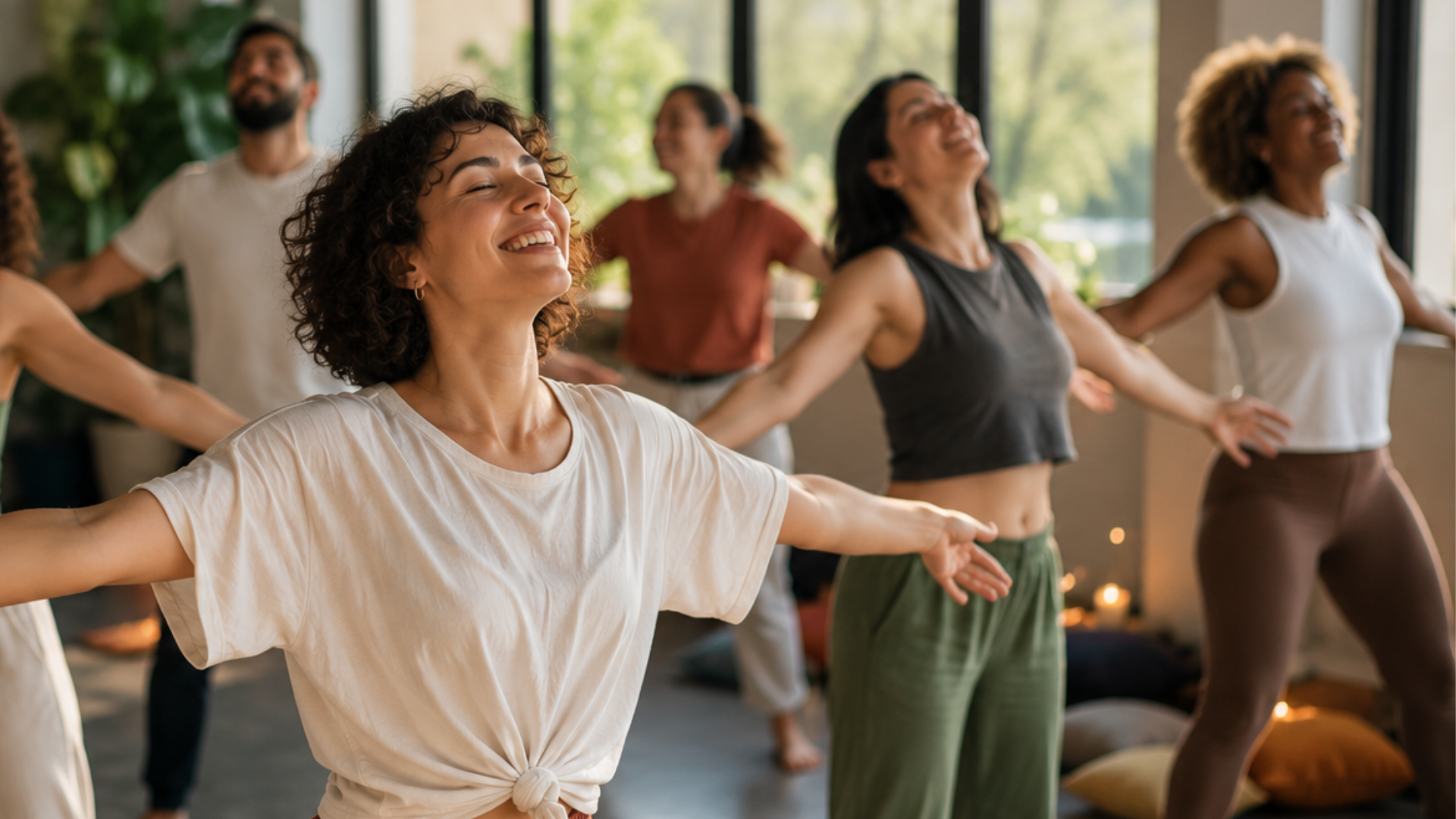 Grupo sorrindo enquanto dança livremente em uma sala com luz natural.